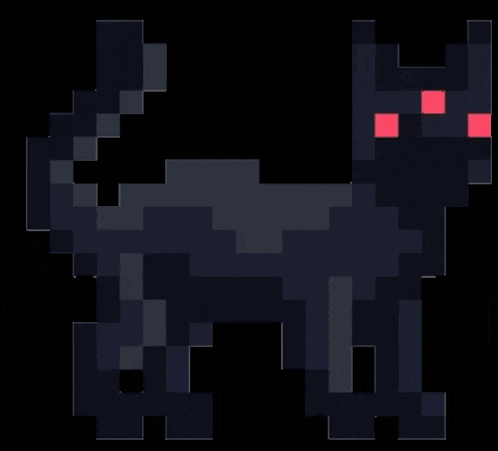 a pixel art of a black cat with red eyes on a black background