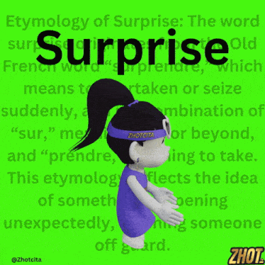 a cartoon girl wearing a blue dress and a blue headband with the word surprise on it