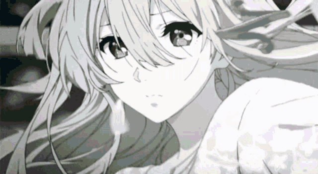 a black and white drawing of a girl with long white hair and blue eyes .
