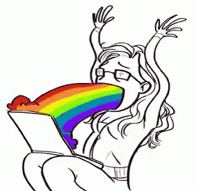 a cartoon of a woman with a rainbow coming out of her mouth while reading a book .
