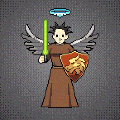 a pixel art of an angel with wings holding a shield