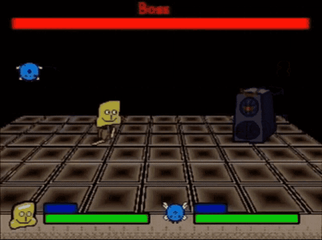 a video game is being played with a boss in the background