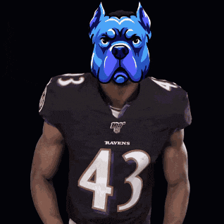a man wearing a ravens jersey with a blue dog mask on his head