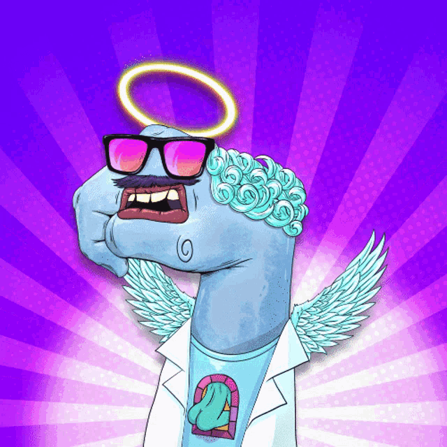 a cartoon drawing of a worm with wings and a halo on his head