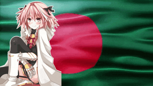 a girl with pink hair sits in front of a flag