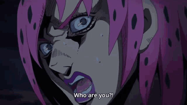 a close up of a pink haired anime character asking how long have you been standing there