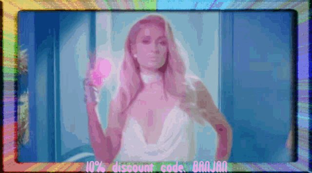 a woman in a white dress is holding a pink object in front of a sign that says 10 % discount code banjar
