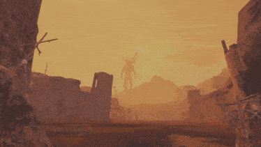 a statue of a man with antlers stands in a field with a sunset in the background