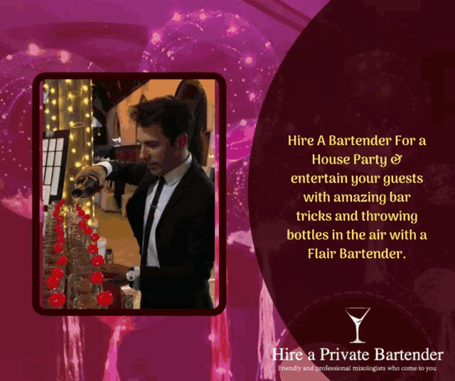 an advertisement for hire a private bartender with a picture of a bartender