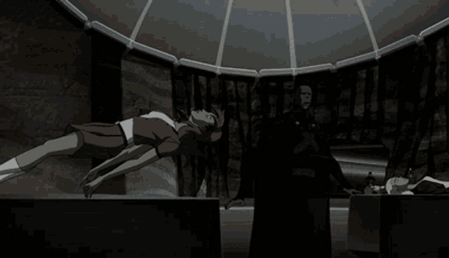 a cartoon of a woman laying on a table with a man standing behind her