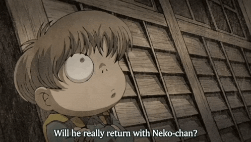 a cartoon of a boy with the words will he really return with neko-chan