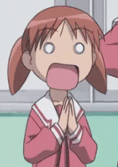 a cartoon girl is making a funny face with her mouth open and her hands folded .