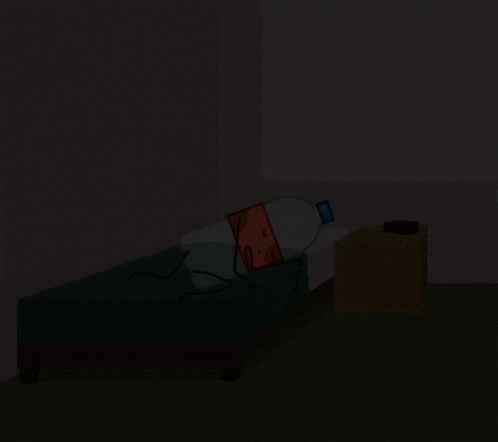 a cartoon drawing of a soda bottle laying on a bed in a dark room