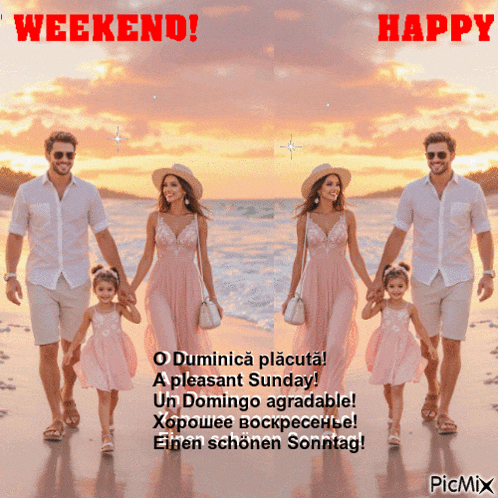 a picture of a family walking on the beach with the words weekend happy