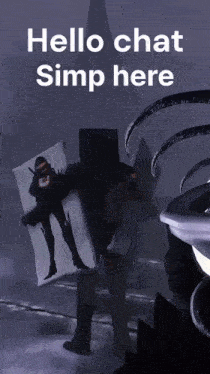 a video game character holding a pillow with the words hello chat simp here