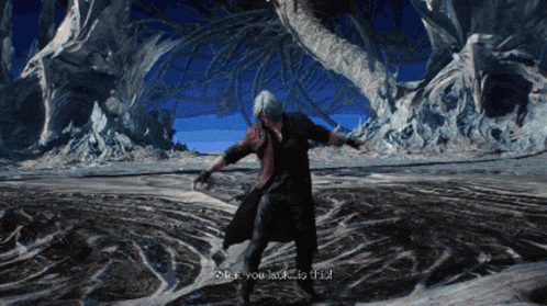 a video game character is dancing and says " once you look at this " at the bottom