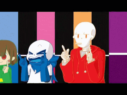 a group of cartoon characters are standing next to each other in a row .