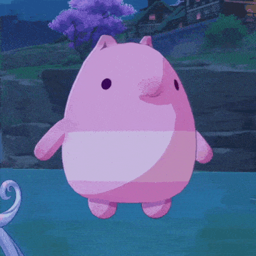a pink stuffed animal is floating in the water with a purple tree in the background