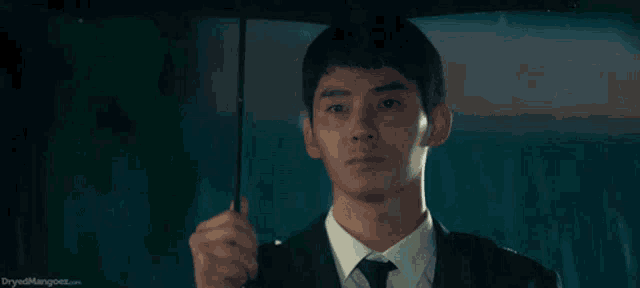a man in a suit and tie is holding an umbrella