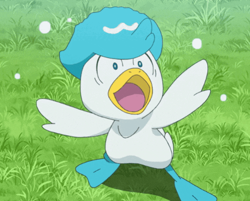 a cartoon duck is wearing a blue hat and standing in the grass