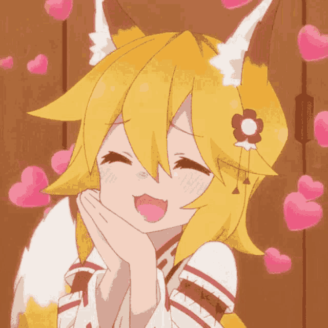 a girl with a flower in her hair is smiling with pink hearts surrounding her