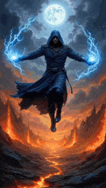 a man in a hooded robe is flying through the air holding lightning in his hands