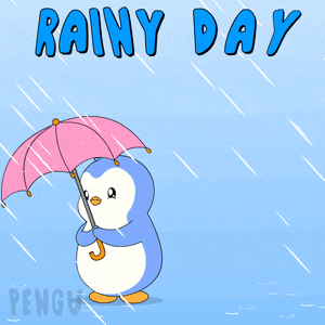 a penguin holding an umbrella in the rain with the words rainy day