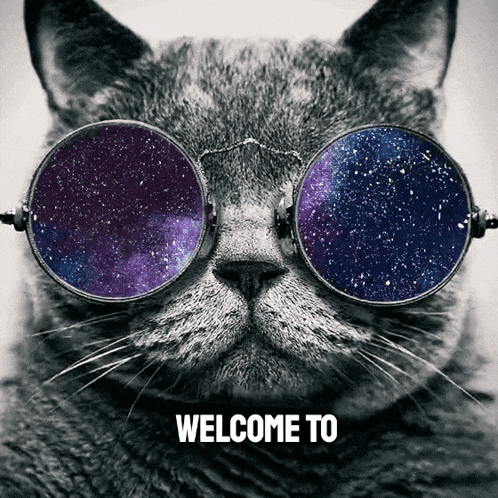 a cat wearing round glasses with a galaxy in the lenses and the words welcome to below it