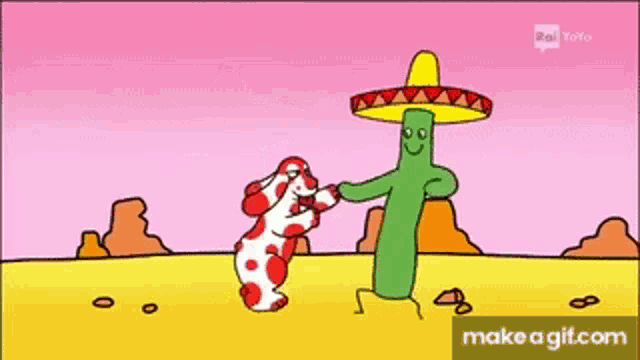 a cartoon of a cactus wearing a sombrero dancing with a polka dot bear .