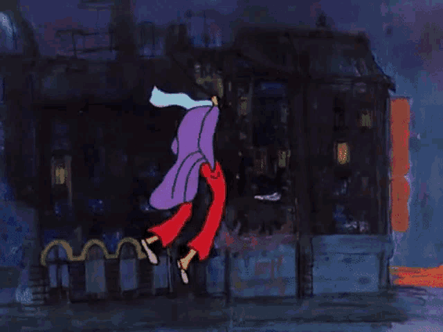 a cartoon of a woman in a purple coat and red pants walking down a street .