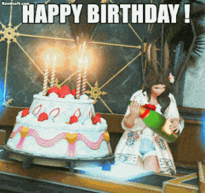 a video game character is pouring champagne into a birthday cake with candles