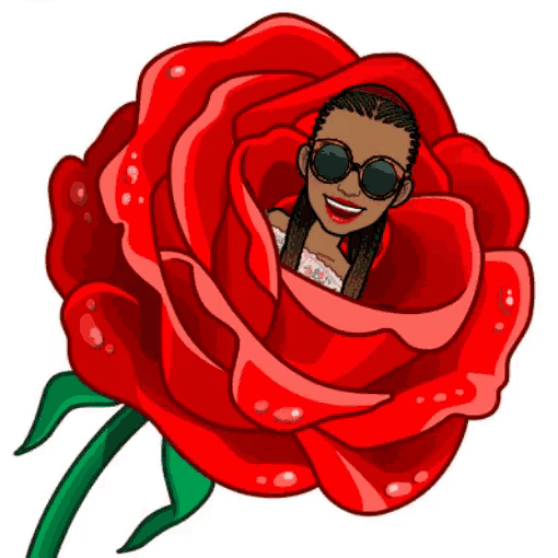 a cartoon woman wearing sunglasses is sitting inside of a large red rose