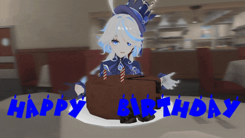 a cartoon character with a cake and the words happy birthday in blue letters