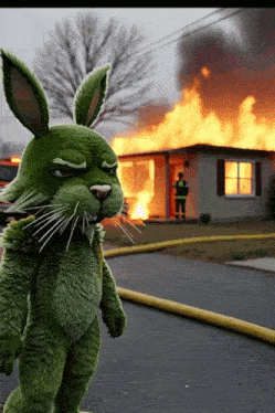 a green rabbit is standing in front of a house on fire