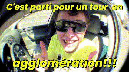 a man wearing sunglasses is sitting in a car with the words c'est parti pour un tour en agglomeration