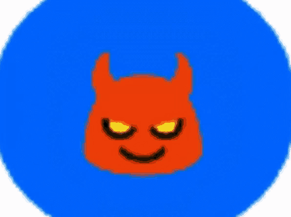 a blue circle with an orange devil face with horns on it