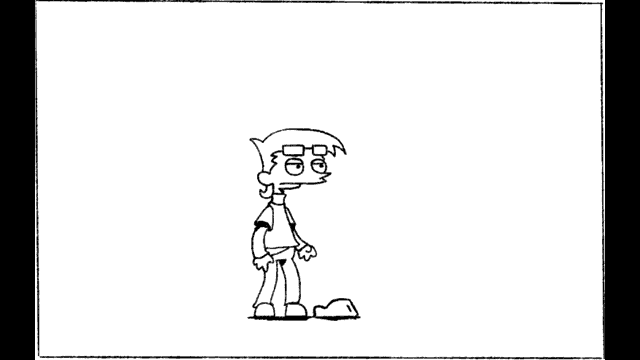 a black and white drawing of a cartoon character wearing glasses