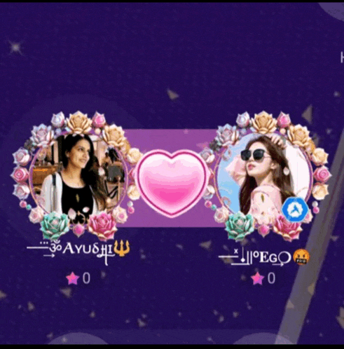 a purple background with two pictures of a woman and a heart with ayushi and ego written on it