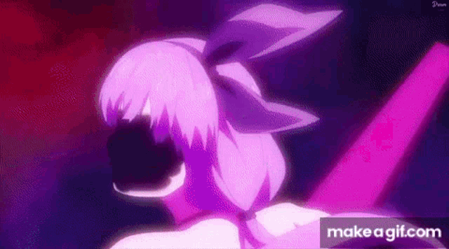 a girl with purple hair is standing in front of a purple light and a red background .