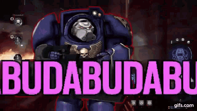 a video game character is holding a gun in front of the words budabudabu