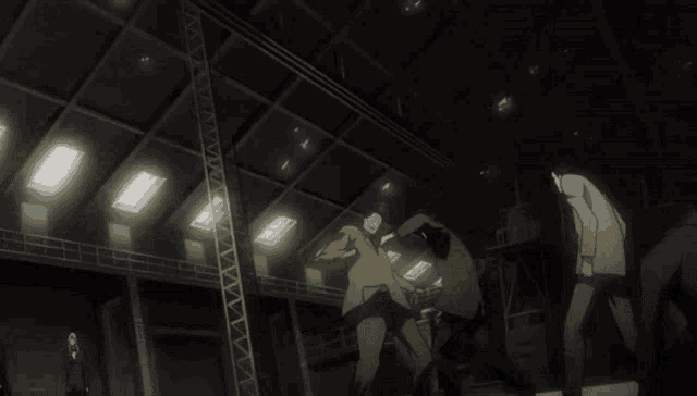 a man in a suit is standing in a dark room