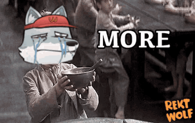 a cartoon of a man holding a bowl with the words more written above him