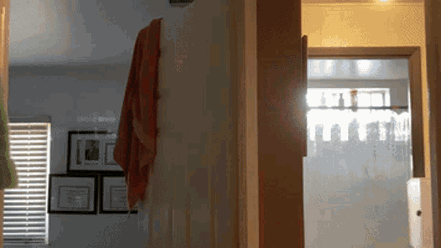 a towel hangs on a wall in a hallway