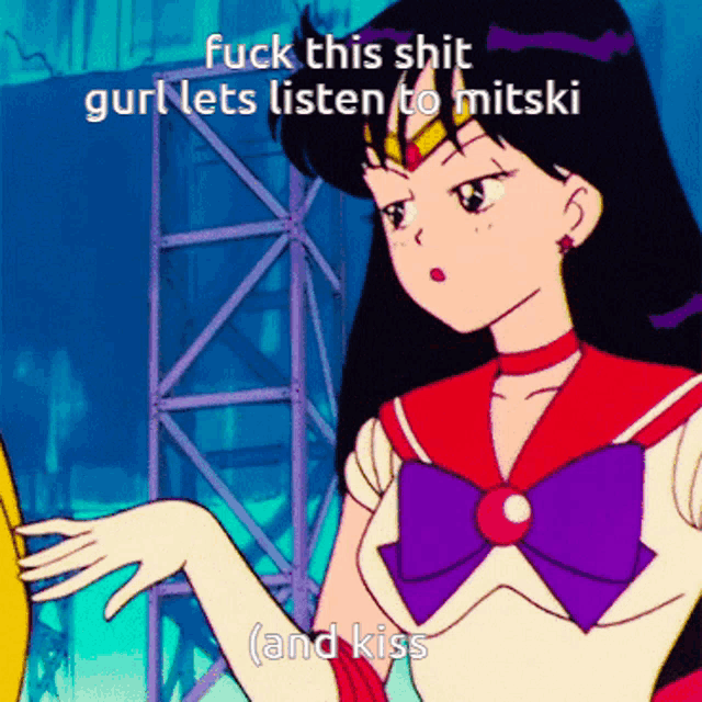 a cartoon of a girl with the words " fuck this shit gurl lets listen to mitski and kiss "