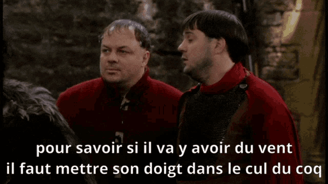 two men are standing next to each other with the words pour savoir si il va y avoir du vent written below them