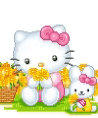 a pixel art of hello kitty and a baby bunny sitting next to each other in a field .