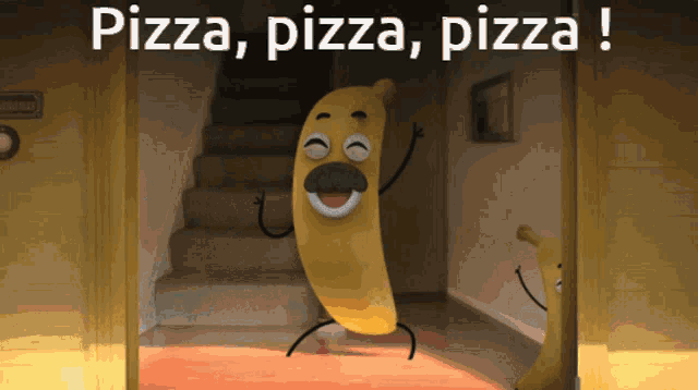 a cartoon of a banana with a mustache and the words pizza pizza pizza written above it