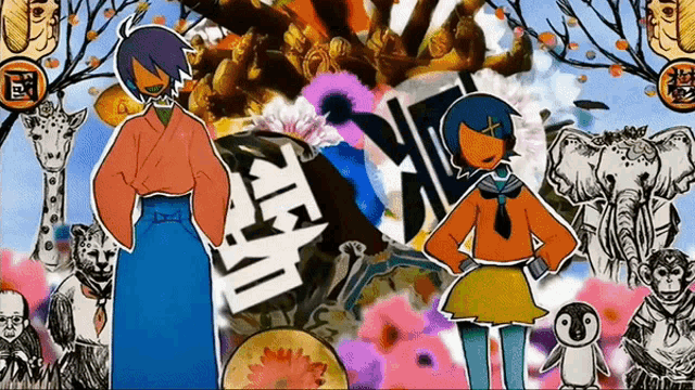 a cartoon drawing of a man and a girl with chinese characters