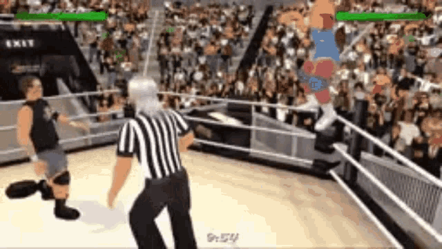 two wrestlers are fighting in a video game with a referee