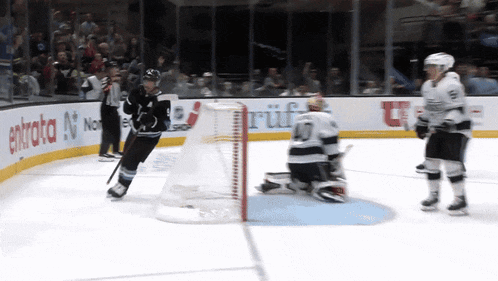 a hockey game is being played in front of a sign that says entrada